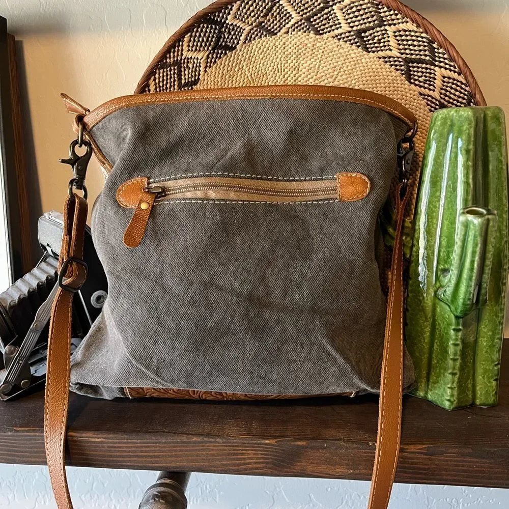 Myra Tessellated Rug Calf Hair Leather Canvas Shoulder Tote Adjustable Strap Bag